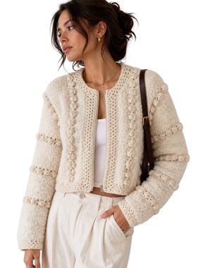 FRAME Zip Cardigan Cropped Bobble Knit Size Small Cream Wool